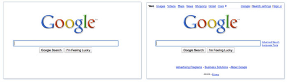 图左为新推出的超简洁谷歌首页,右为旧版首页 图左为新推出的超简洁谷歌首页,右为旧版首页