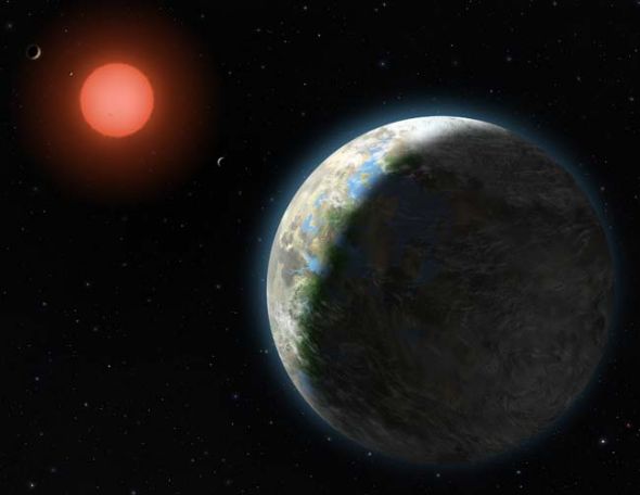 艺术构想图：红矮星“Gliese 581”和星系内层的四颗行星。红矮星“Gliese 581”距离地球大约20.5光年。前景中较大的行星就是新发现的“Gliese 581g”。“Gliese 581g”行星质量大约是地球的三到四倍。