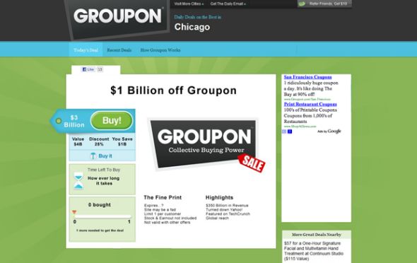 约翰·波伊尔（John Boyle）的网络营销人员为谷歌设计了一份专用于收购Groupon的优惠券