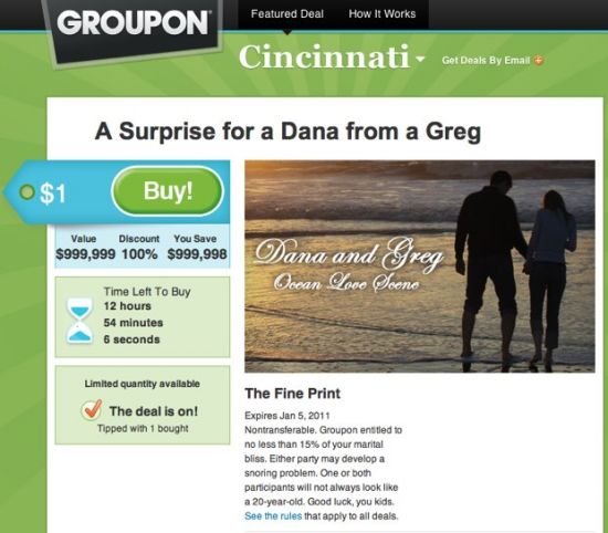 格雷格在团购网站Groupon求婚的页面