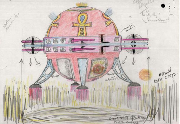 一艘太空飞船的彩色草图，此时的飞船正在“创作”麦田怪圈。