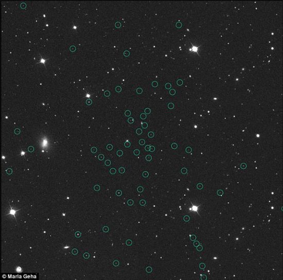 借助凯克望远镜上的DEIMOS设备，天文学家们能判断出哪些恒星是属于同一星系，此处已经将这些成员星用绿色圆圈标示出来