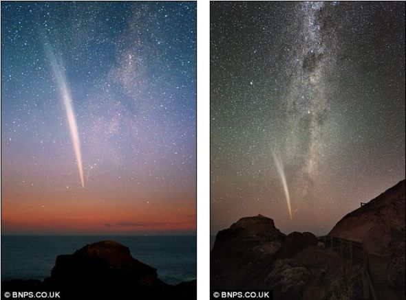 在与太阳近距离接触并幸存之后，洛夫乔伊彗星继续拖着尾巴在银河系中穿行。借助于一台数码照相机，切尔尼拍摄了这颗彗星的长曝光照片 图4