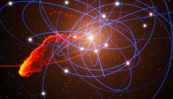 科学家认为，银河中心的超大质量黑洞可能正在把一颗年轻恒星和它形成行星的物质盘从一个年幼恒星环里“拖”出来
