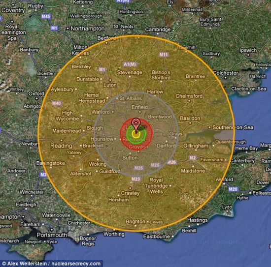 这张照片来自“核地图”程序，显示前苏联最大炸弹“沙皇炸弹”落在伦敦造成的毁坏程度。