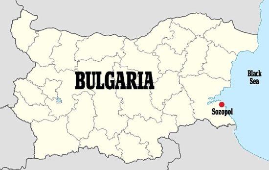 保加利亚地图，红圈处便是索佐波尔