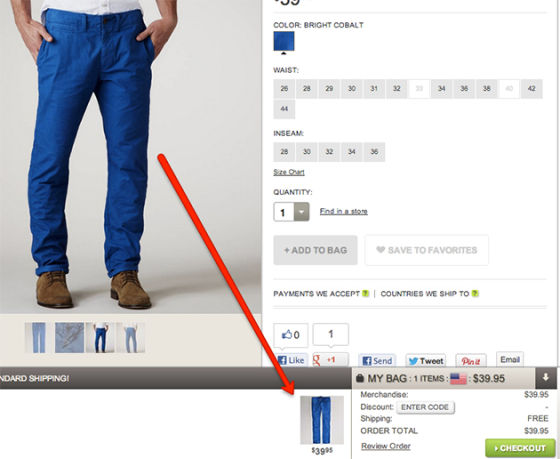 动态购物车American Eagle网站采用了这种方式。每当购物车中有商品加入时，网站就会在屏幕底部打开一个购物车窗口，显示交易详情和结账按钮。