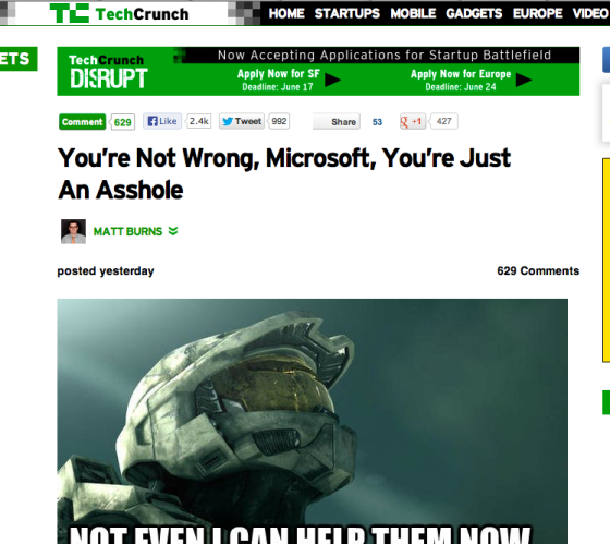 TechCrunch标题直接辱骂微软