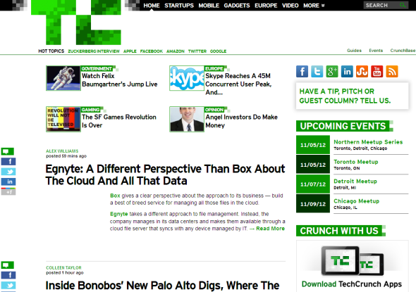 对比之下，TechCrunch网站的翠绿色调或许象征着创业社区的勃勃生机