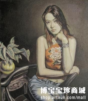 李建林《穿红肚兜的女子》油画(图片来源:博宝宝珍商城)