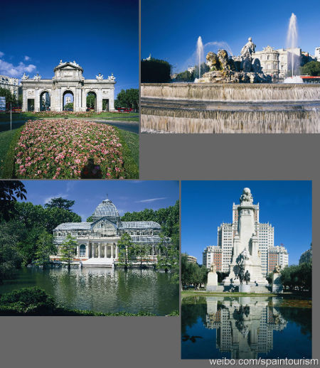 左上图为阿尔卡拉门Puerta de Alcala;右上图为丰收女神广场Cibeles;左下图为丽池公圆Retiro的玻璃宫;右下图是西班牙广场 左上图为阿尔卡拉门Puerta de Alcala;右上图为丰收女神广场Cibeles;左下图为丽池公圆Retiro的玻璃宫;右下图是西班牙广场
