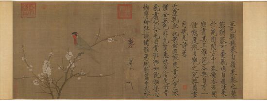 北宋 赵佶 五色鹦鹉图卷 纵53.3cm×横125.1cm 波士顿美术馆藏 据两宋史籍记载,宋徽宗赵佶以擅画花鸟著称,此卷无疑是徽宗花鸟画中最可信者之一。 北宋 赵佶 五色鹦鹉图卷 纵53.3cm×横125.1cm 波士顿美术馆藏 据两宋史籍记载,宋徽宗赵佶以擅画花鸟著称,此卷无疑是徽宗花鸟画中最可信者之一。