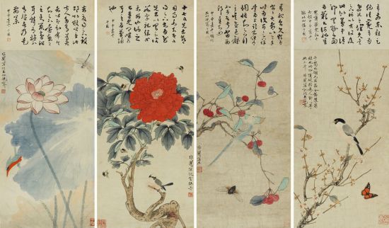 于非厂 四时群芳 纸本镜心 诗堂:18.5×34cm×4本幅:64×34cm×4 于非厂 四时群芳 纸本镜心 诗堂:18.5×34cm×4本幅:64×34cm×4