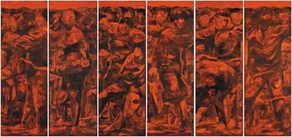 沈小彤(b.1968) 红红的那些人 　　1992年 布面油画204×69.5 cm×6