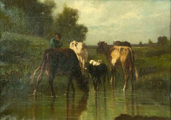 《池塘里的牛群》 安德烈· 高戴斯 André Cortès (1866-1920) 布面油画 33×46cm