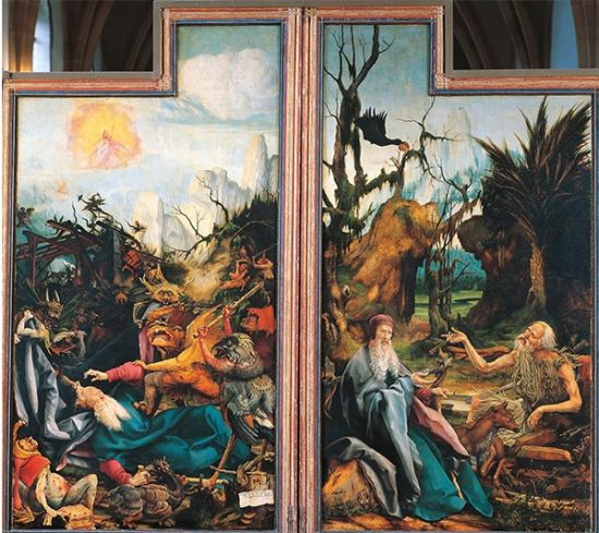 《圣安东尼的诱惑》(The Temptation of St. Anthony)，伊森海姆祭坛画，马蒂亚斯·格吕内瓦尔德(Matthias Grunewald)(1475-1528)，画板油画