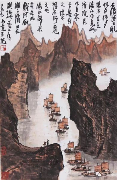 Ⱦ(1907-1989) 콭69.546cm Լ2.9ƽ ɫֽ  ʶʯʫ֮ҷϦ콭龳ȻԼұīд֮޲ʯʦһ֮Ҳ콭;ӱӲ֮ˡһȾڻǡ ӡȾ¡ɽ续 LI KERAN(1907-1989) Li RiverMounted,ink and color on paper. With three seals of the artist. 