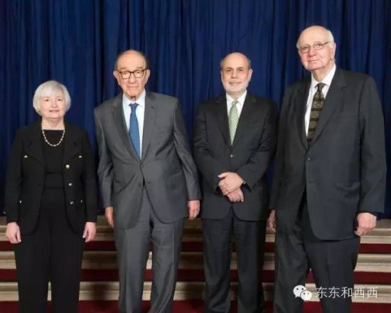 ▲美联储最近的四任主席，沃尔克(右一)、格林斯潘(左二)、伯南克(右二)和耶伦(左一)