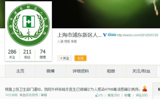 上海一位医生确诊感染H7N9禽流感|上海|浦东|