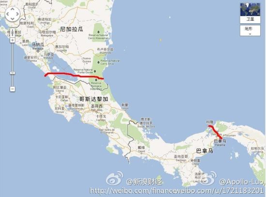 网友勾勒尼加拉瓜拟建运河（上面画红线处）及巴拿马运河（右下角红线标注处）位置，示意图。新浪财经