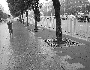 昨日雨后，北京饭店人行步道右侧深灰色透水砖路面迅速变得干爽，雨水直接渗入地下，而左侧大理石路面还残留水渍。本报记者 涂露芳摄