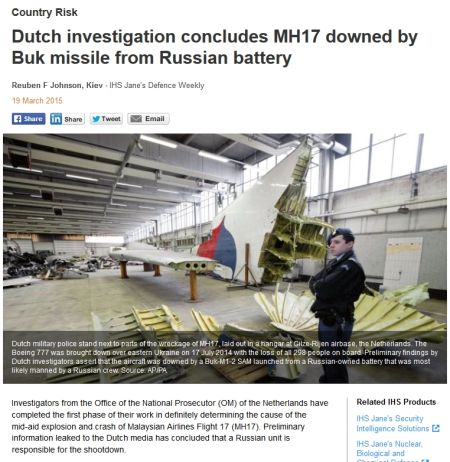 《简氏防务周刊》报道标题称荷兰调查者得出结论“MH17是被俄导弹连的山毛榉导弹击落”。