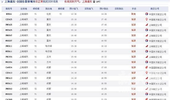 暴雨致上海97个航班延误5个航班取消