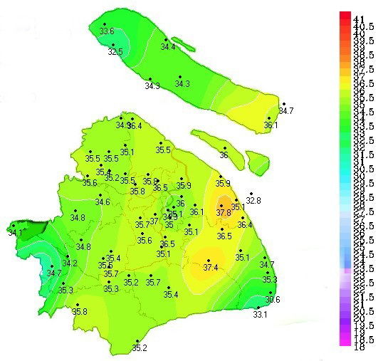 13时08分上海市区徐家汇气温升至37℃