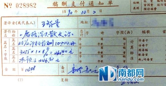 昨日，上海译文出版社公布多张稿费通知单，称给王智量先生的稿酬在当时“决不是小数目”。
