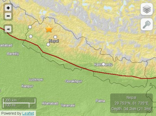 尼泊尔发生5.0级地震 震源深度34.2公里