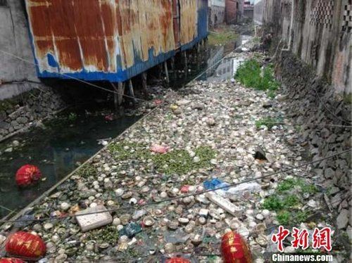瑞安市仙降街道金光村河道的污水和垃圾。
