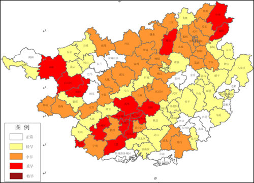 天气预报 > 正文      2010年11月1日广西气象干旱分布图   降水偏少