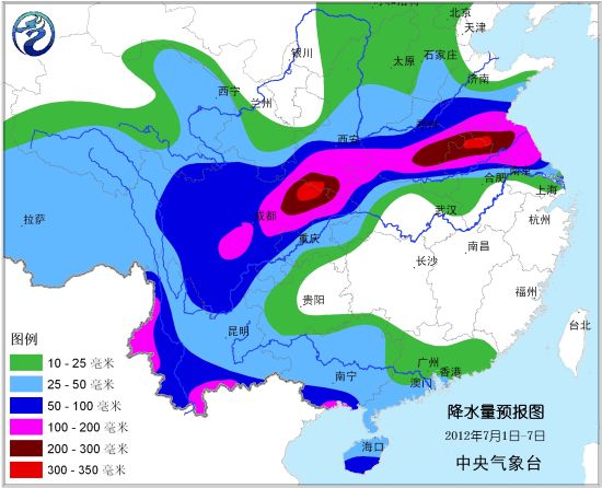 7月1日-7日区域降水量预报图