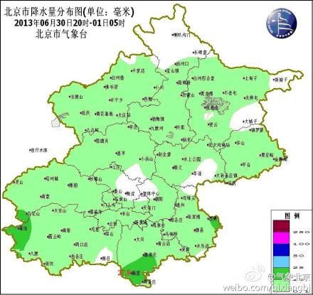 6月30日20时-7月1日05时北京降水量分布图 