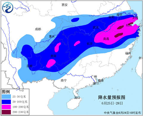 强降雨落区预报图(6月25日至28日)