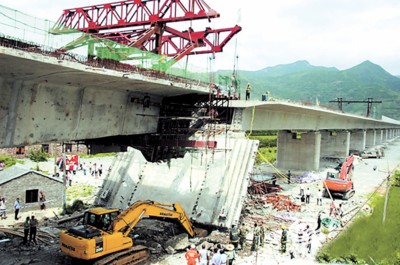 甬台温铁路黄岩金寺堂特大桥工程一在建的桥梁发生坍塌事故,4名工人被