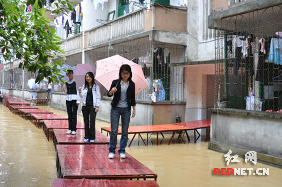 暴雨来袭 吉首大学师生搭起"爱心长廊"