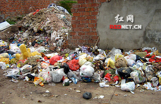 中南大学湘雅医院杏林小区内有个街角堆放着无数生活垃圾,导致好好的