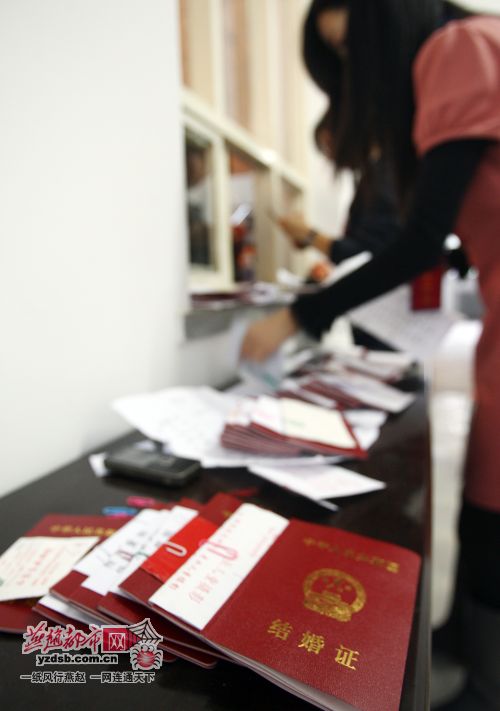 工作人员加班为预约新人制作出的结婚证近200对 燕赵都市网记者