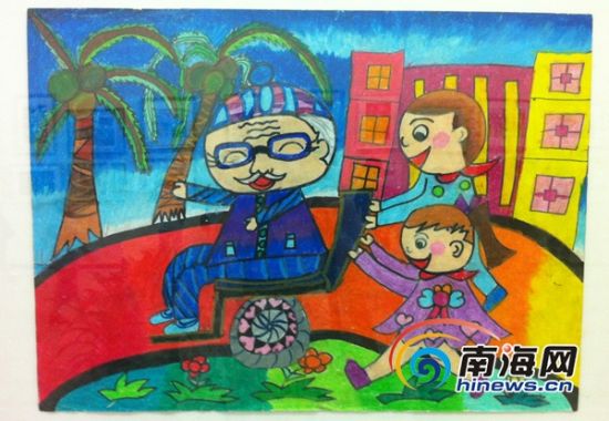 展览作品:两位小朋友尊敬老人,帮助老人.(南海网记者刘嘉珮摄)