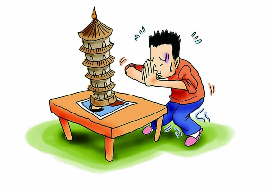 男人雷峰塔前独自拍照可治妻管严说法流传
