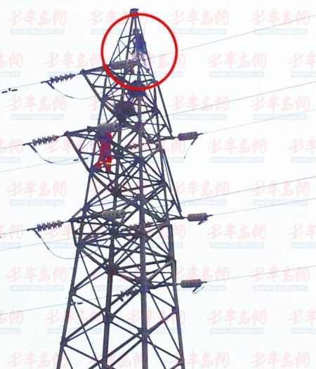女子（红圈处）站在高压电塔顶端，消防队员慢慢向其靠近。(市民供图)