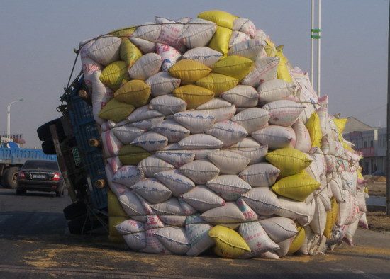 超载货车不堪重负当街侧翻(组图)