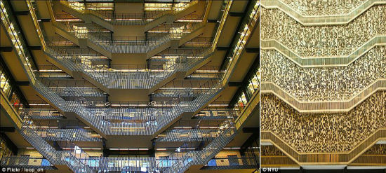纽约大学图书馆防学生跳楼装全封闭金色护栏