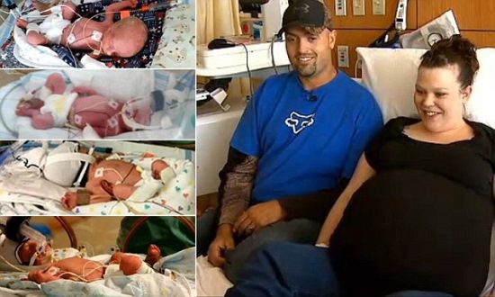 美国丹佛有对儿30岁的夫妻，在已经生了5个孩子的情况下，又通过“自然受孕”产下四胞胎。