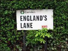 A street sign for England's Lane, London, postcode NW3