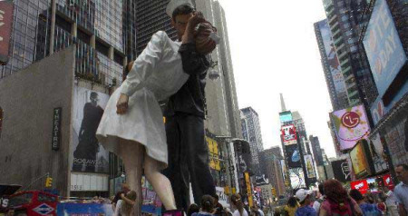 The sculpture of "V-J Day" kiss at the Times Square in New York.