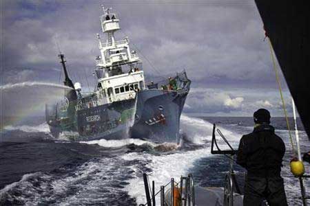 Japanese whaling fleet vessel Yushin Maru No. 3 (C) sprays water cannons at Sea Shepherd vessel ''Gojira'' during their clash in the Southern Ocean February 4, 2011.(Agencies)