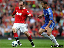 Wayne Rooney of Manchester United (l) and Branislav Ivanovic of Chelsea