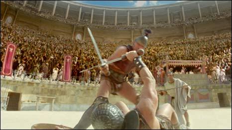 Computer-generated image of gladiators fighting in the arena